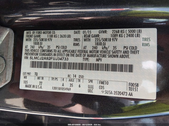 2015 Lincoln Mkc მანქანა იყიდება აუქციონზე, vin: 5LMCJ2A92FUJ34733, აუქციონის ნომერი: 45105808