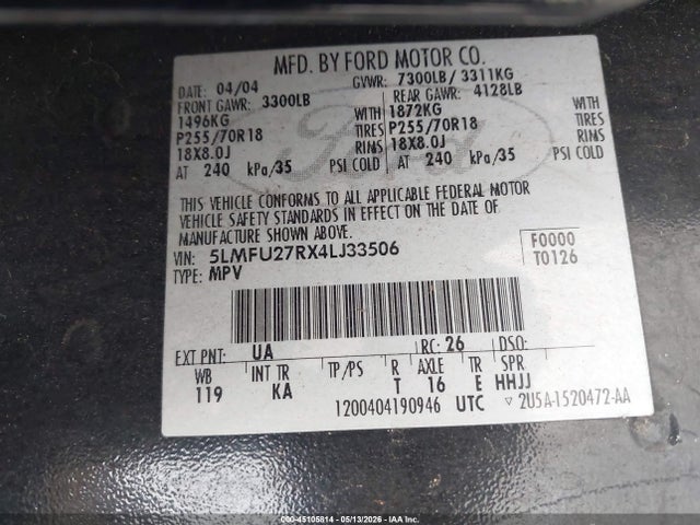 45105814 :رقم المزاد ، 5LMFU27RX4LJ33506 vin ، 2004 Lincoln Navigator مزاد بيع