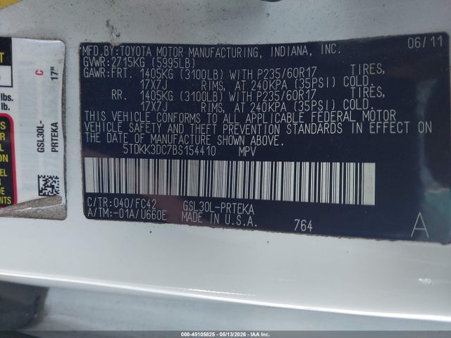45105825 :رقم المزاد ، 5TDKK3DC7BS154410 vin ، 2011 Toyota Sienna Le V6 مزاد بيع