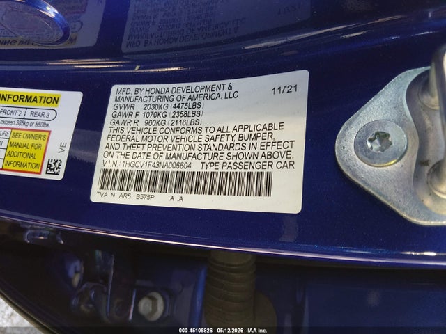 2022 Honda Accord Sport Special Edition მანქანა იყიდება აუქციონზე, vin: 1HGCV1F43NA006604, აუქციონის ნომერი: 45105826