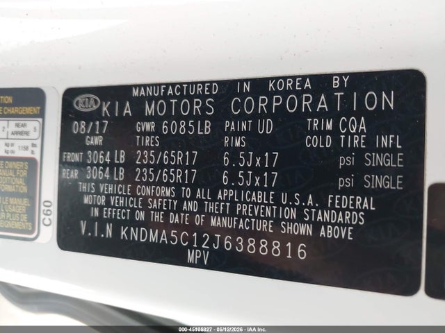 45105827 :رقم المزاد ، KNDMA5C12J6388816 vin ، 2018 Kia Sedona L مزاد بيع