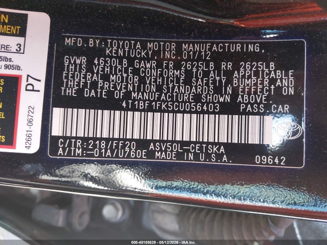 2012 Toyota Camry Se მანქანა იყიდება აუქციონზე, vin: 4T1BF1FK5CU056403, აუქციონის ნომერი: 45105829