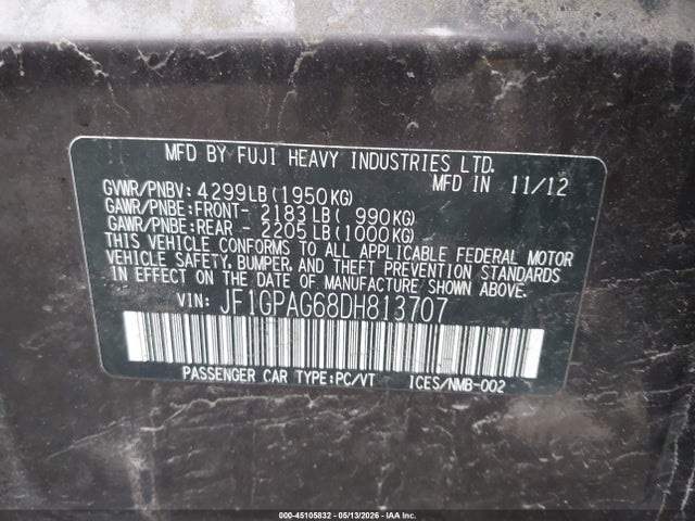 45105832 :رقم المزاد ، JF1GPAG68DH813707 vin ، 2013 Subaru Impreza 2.0i Limited مزاد بيع