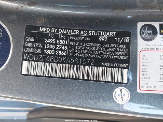 Aukcja sprzedaży 2019 Mercedes-benz Amg E 53 4matic, vin: WDDZF6BB0KA581672, numer aukcji: 45105836