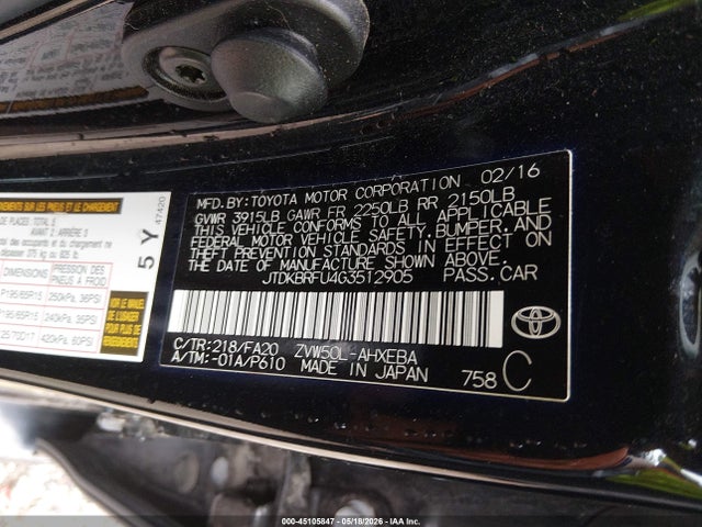 Aukcja sprzedaży 2016 Toyota Prius Two, vin: JTDKBRFU4G3512905, numer aukcji: 45105847