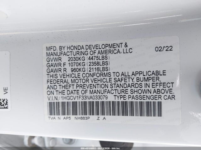 Aukcja sprzedaży 2022 Honda Accord Sport, vin: 1HGCV1F33NA033079, numer aukcji: 45105853