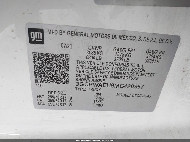 Aukcja sprzedaży 2021 Chevrolet Silverado 1500 2wd  Short Bed Wt, vin: 3GCPWAEH9MG420357, numer aukcji: 45105854