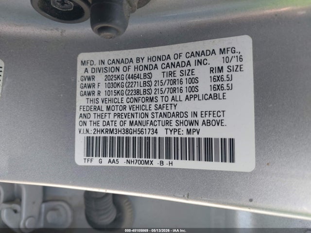 Продажа на аукционе авто 2016 Honda Cr-v Lx, vin: 2HKRM3H38GH561734, номер лота: 45105869