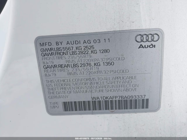 Aukcja sprzedaży 2011 Audi Q5 3.2 Premium Plus, vin: WA1DKAFP7BA093337, numer aukcji: 45105875