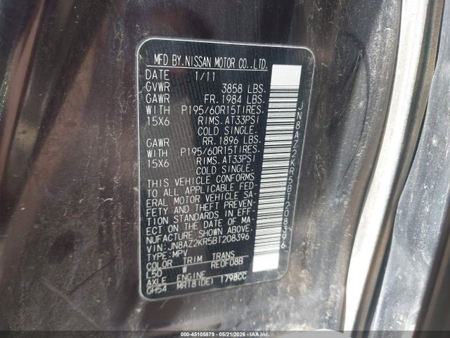 Aukcja sprzedaży 2011 Nissan Cube 1.8s, vin: JN8AZ2KR5BT208396, numer aukcji: 45105879