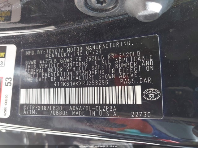 2024 Toyota Camry Xse მანქანა იყიდება აუქციონზე, vin: 4T1K61AKXRU258296, აუქციონის ნომერი: 45105883