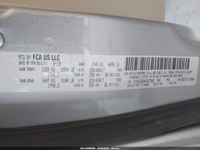 Продажа на аукционе авто 2019 Dodge Grand Caravan Se, vin: 2C4RDGBG4KR673851, номер лота: 45105896