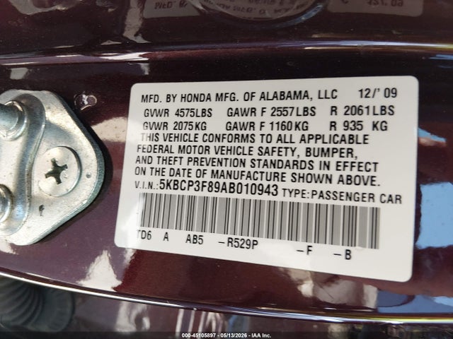 45105897 :رقم المزاد ، 5KBCP3F89AB010943 vin ، 2010 Honda Accord 3.5 Ex-l مزاد بيع