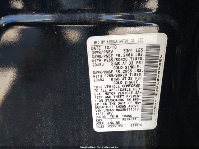 Aukcja sprzedaży 2011 Infiniti Fx35, vin: JN8AS1MUXBM111012, numer aukcji: 45105900