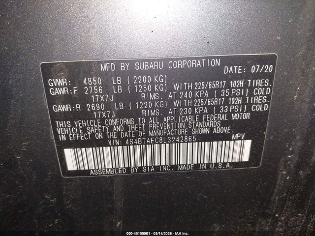 Продажа на аукционе авто 2020 Subaru Outback Premium, vin: 4S4BTAEC8L3242865, номер лота: 45105901