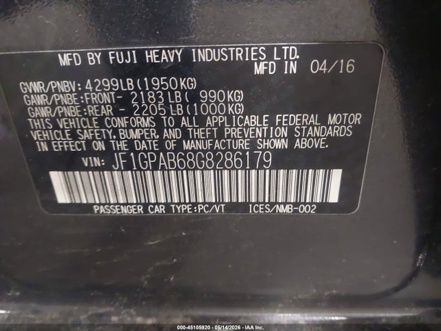 Продаж на аукціоні авто 2016 Subaru Impreza 2.0i Premium, vin: JF1GPAB68G8286179, номер лоту: 45105920