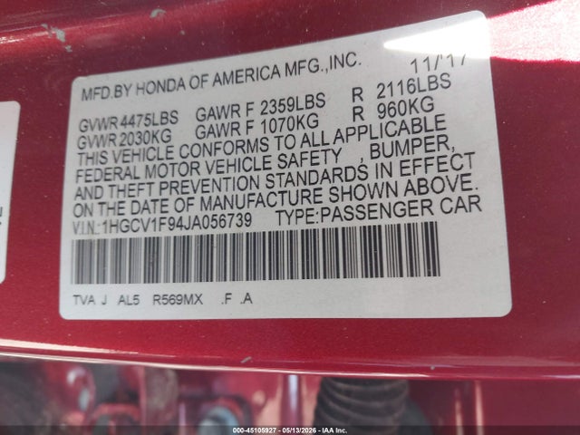 Aukcja sprzedaży 2018 Honda Accord Touring, vin: 1HGCV1F94JA056739, numer aukcji: 45105927