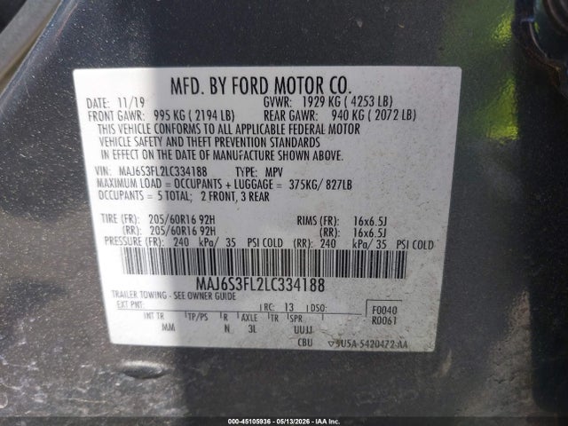 45105936 :رقم المزاد ، MAJ6S3FL2LC334188 vin ، 2020 Ford Ecosport S مزاد بيع