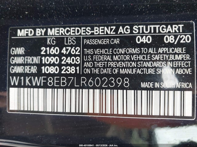 Aukcja sprzedaży 2020 Mercedes-benz C 300 4matic, vin: W1KWF8EB7LR602398, numer aukcji: 45105941