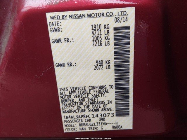 Auction sale of the 2015 Nissan Altima 2.5 S, vin: 1N4AL3AP8FC143073, lot number: 45105957