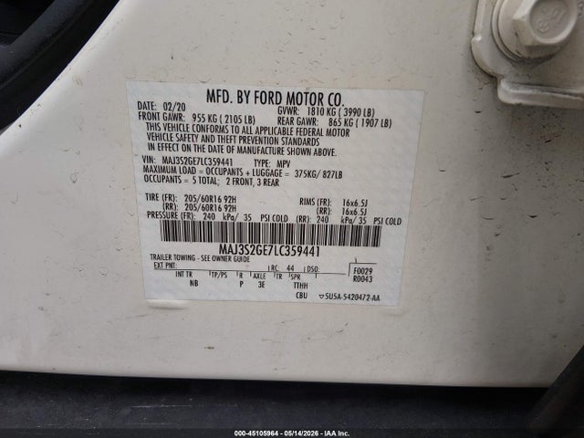 Aukcja sprzedaży 2020 Ford Ecosport Se, vin: MAJ3S2GE7LC359441, numer aukcji: 45105964
