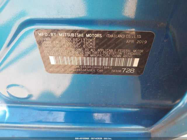 Продажа на аукционе авто 2019 Mitsubishi Mirage Es/rf, vin: ML32A3HJ1KH013643, номер лота: 45105965