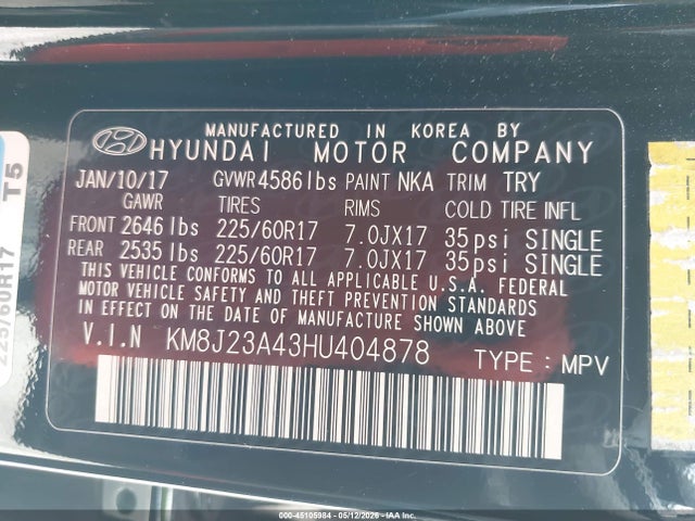 Aukcja sprzedaży 2017 Hyundai Tucson Se, vin: KM8J23A43HU404878, numer aukcji: 45105984