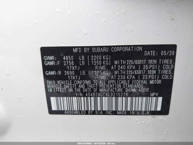 Aukcja sprzedaży 2020 Subaru Outback Premium, vin: 4S4BTACC4L3215276, numer aukcji: 45105992