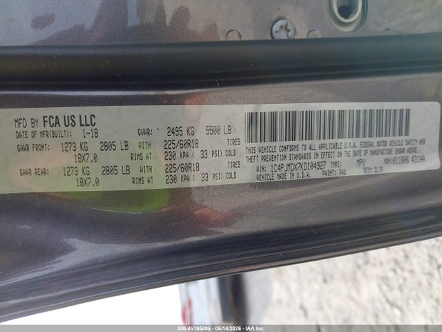 45105995 :رقم المزاد ، 1C4PJMDX7KD104927 vin ، 2019 Jeep Cherokee Limited 4x4 مزاد بيع