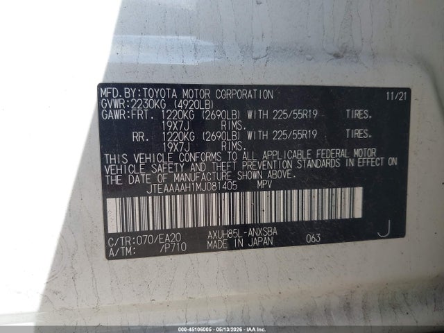45106005 :رقم المزاد ، JTEAAAAH1MJ081405 vin ، 2021 Toyota Venza Limited مزاد بيع