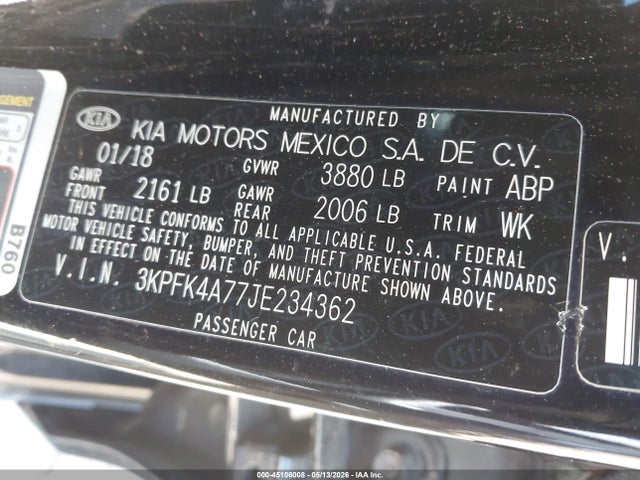 45106008 :رقم المزاد ، 3KPFK4A77JE234362 vin ، 2018 Kia Forte Lx مزاد بيع