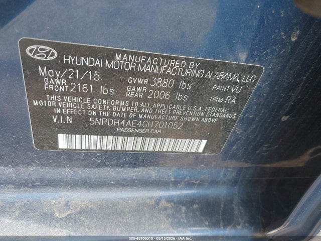 Aukcja sprzedaży 2016 Hyundai Elantra Se, vin: 5NPDH4AE4GH701052, numer aukcji: 45106010