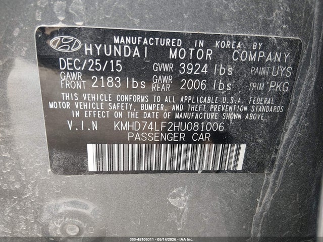 2017 Hyundai Elantra Se მანქანა იყიდება აუქციონზე, vin: KMHD74LF2HU081006, აუქციონის ნომერი: 45106011
