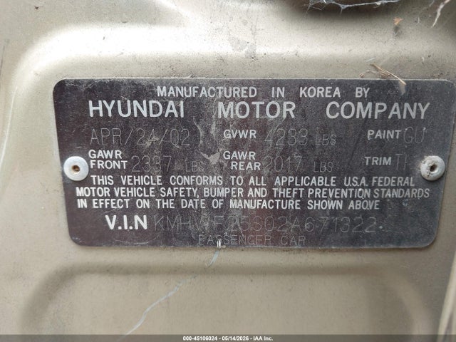 45106024 :رقم المزاد ، KMHWF25S02A671322 vin ، 2002 Hyundai Sonata مزاد بيع