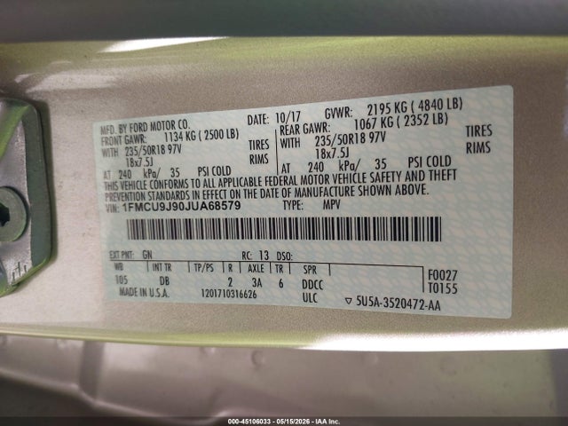 Aukcja sprzedaży 2018 Ford Escape Titanium, vin: 1FMCU9J90JUA68579, numer aukcji: 45106033