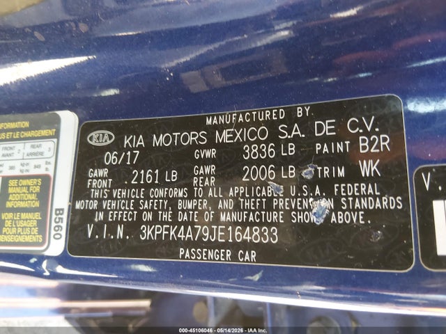 2018 Kia Forte Lx მანქანა იყიდება აუქციონზე, vin: 3KPFK4A79JE164833, აუქციონის ნომერი: 45106046