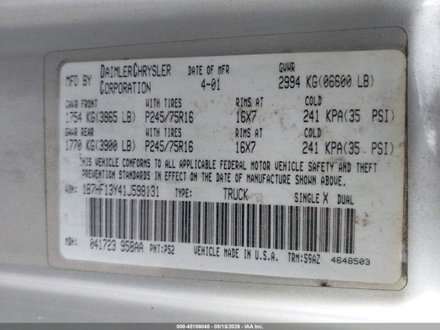 Aukcja sprzedaży 2001 Dodge Ram 1500 St, vin: 1B7HF13Y41J598131, numer aukcji: 45106048