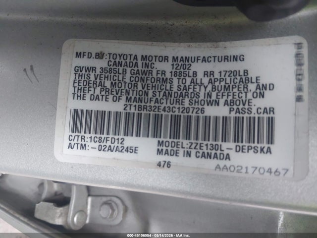 Продаж на аукціоні авто 2003 Toyota Corolla S, vin: 2T1BR32E43C120726, номер лоту: 45106054
