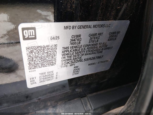 2025 Gmc Yukon 4wd Denali მანქანა იყიდება აუქციონზე, vin: 1GKS2DRL5SR267967, აუქციონის ნომერი: 45106058