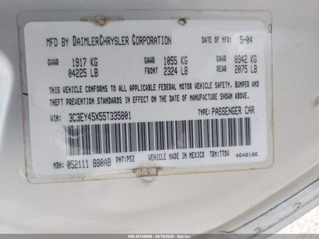 45106069 :رقم المزاد ، 3C3EY45X55T335801 vin ، 2005 Chrysler Pt Cruiser مزاد بيع