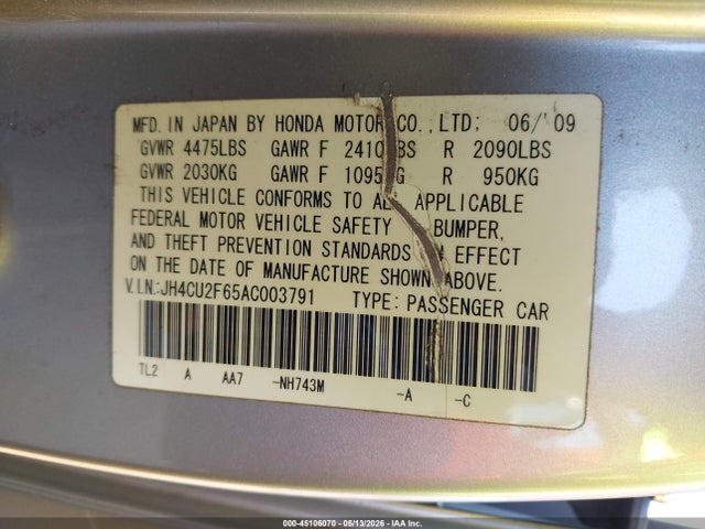 2010 Acura Tsx 2.4 მანქანა იყიდება აუქციონზე, vin: JH4CU2F65AC003791, აუქციონის ნომერი: 45106070
