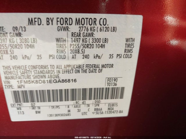 2014 Ford Explorer Xlt მანქანა იყიდება აუქციონზე, vin: 1FM5K8D81EGA86816, აუქციონის ნომერი: 45106079