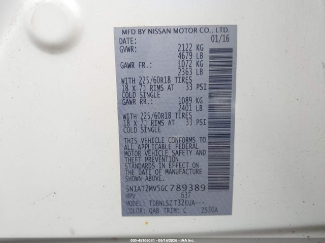 Продаж на аукціоні авто 2016 Nissan Rogue Sl, vin: 5N1AT2MV5GC789389, номер лоту: 45106081