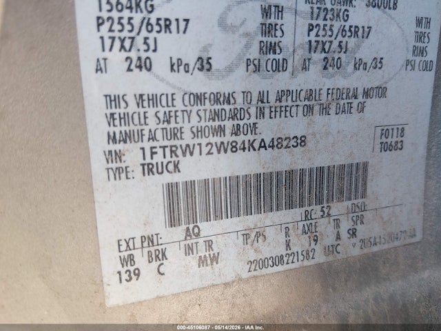 45106087 :رقم المزاد ، 1FTRW12W84KA48238 vin ، 2004 Ford F-150 Xlt مزاد بيع