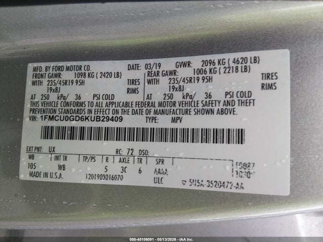 Продаж на аукціоні авто 2019 Ford Escape Se, vin: 1FMCU0GD6KUB29409, номер лоту: 45106091