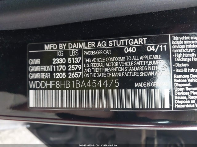 45106096 :رقم المزاد ، WDDHF8HB1BA454475 vin ، 2011 Mercedes-benz E 350 4matic مزاد بيع