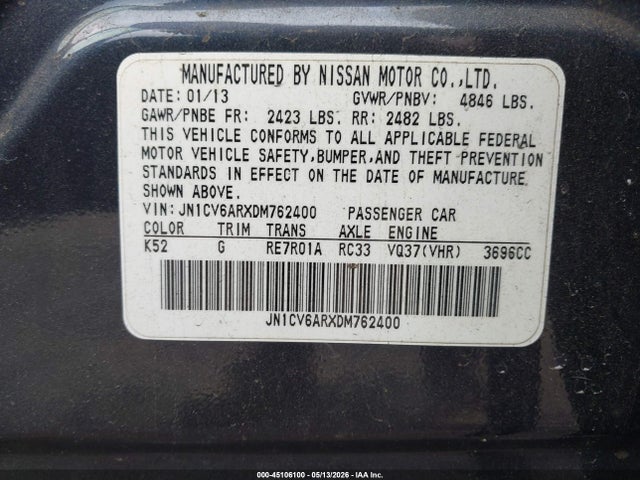 Aukcja sprzedaży 2013 Infiniti G37x, vin: JN1CV6ARXDM762400, numer aukcji: 45106100