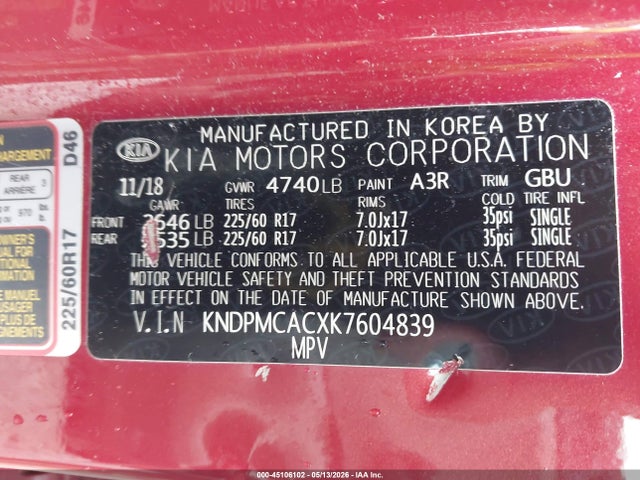 Продаж на аукціоні авто 2019 Kia Sportage Lx, vin: KNDPMCACXK7604839, номер лоту: 45106102