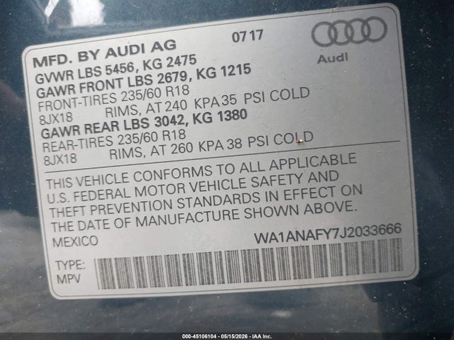 Продаж на аукціоні авто 2018 Audi Q5 2.0t Premium/2.0t Tech Premium, vin: WA1ANAFY7J2033666, номер лоту: 45106104