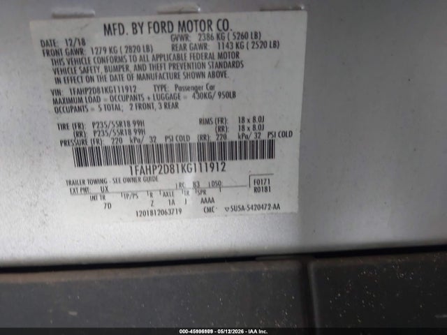 1FAHP2D81KG111912 Ford TAURUS SE